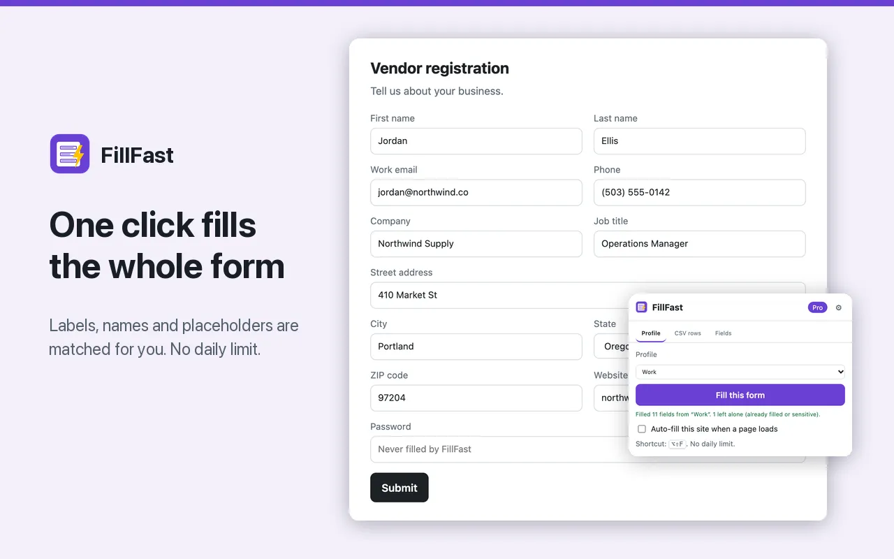 One click fills the whole form