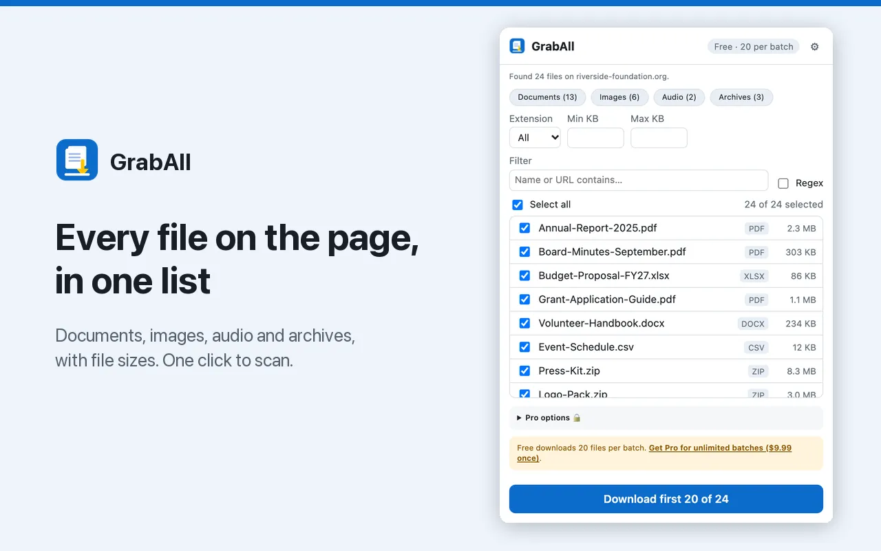 Every file on the page in one list, with file sizes