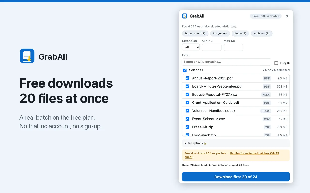 Free plan saves 20 files at once