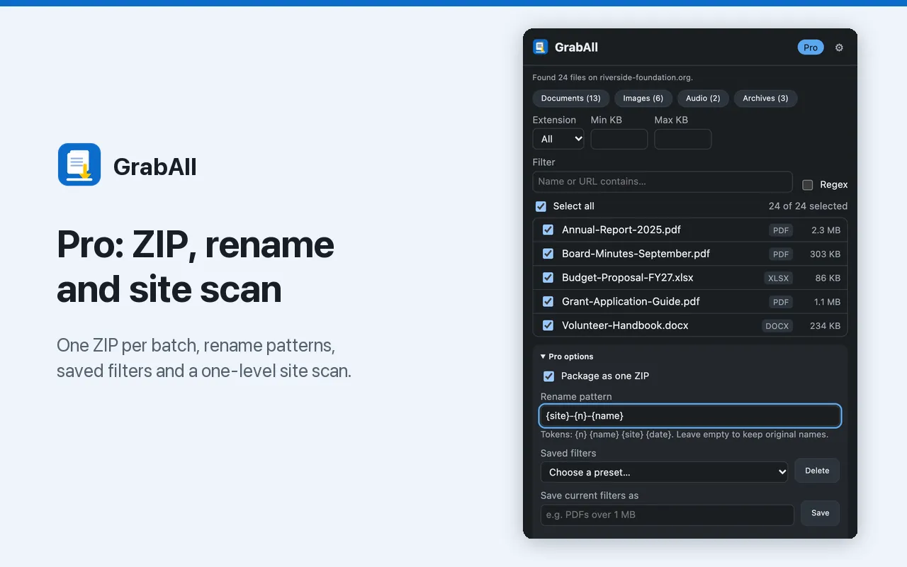 Pro options: ZIP package, rename pattern and saved filters