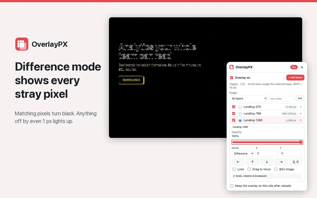 Difference mode shows every stray pixel