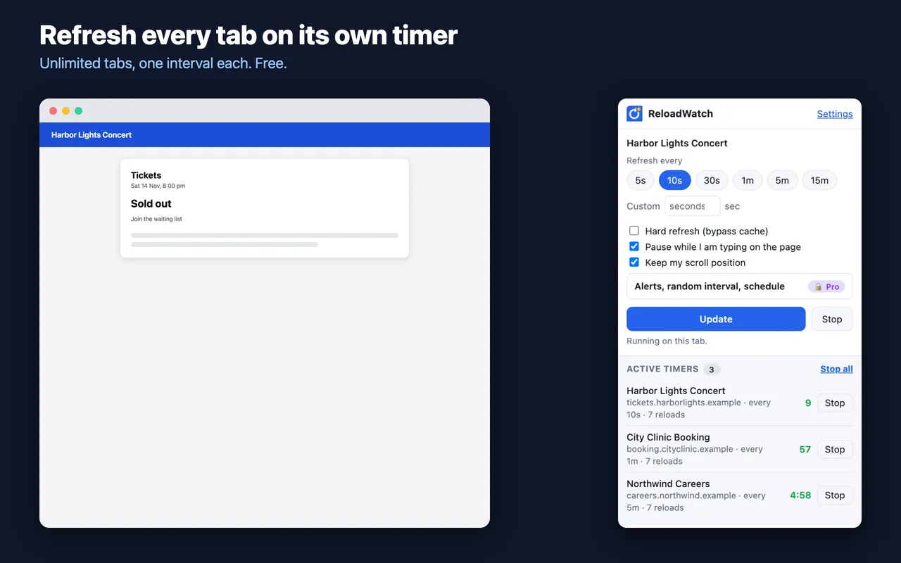 Refresh every tab on its own timer: unlimited tabs, one interval each