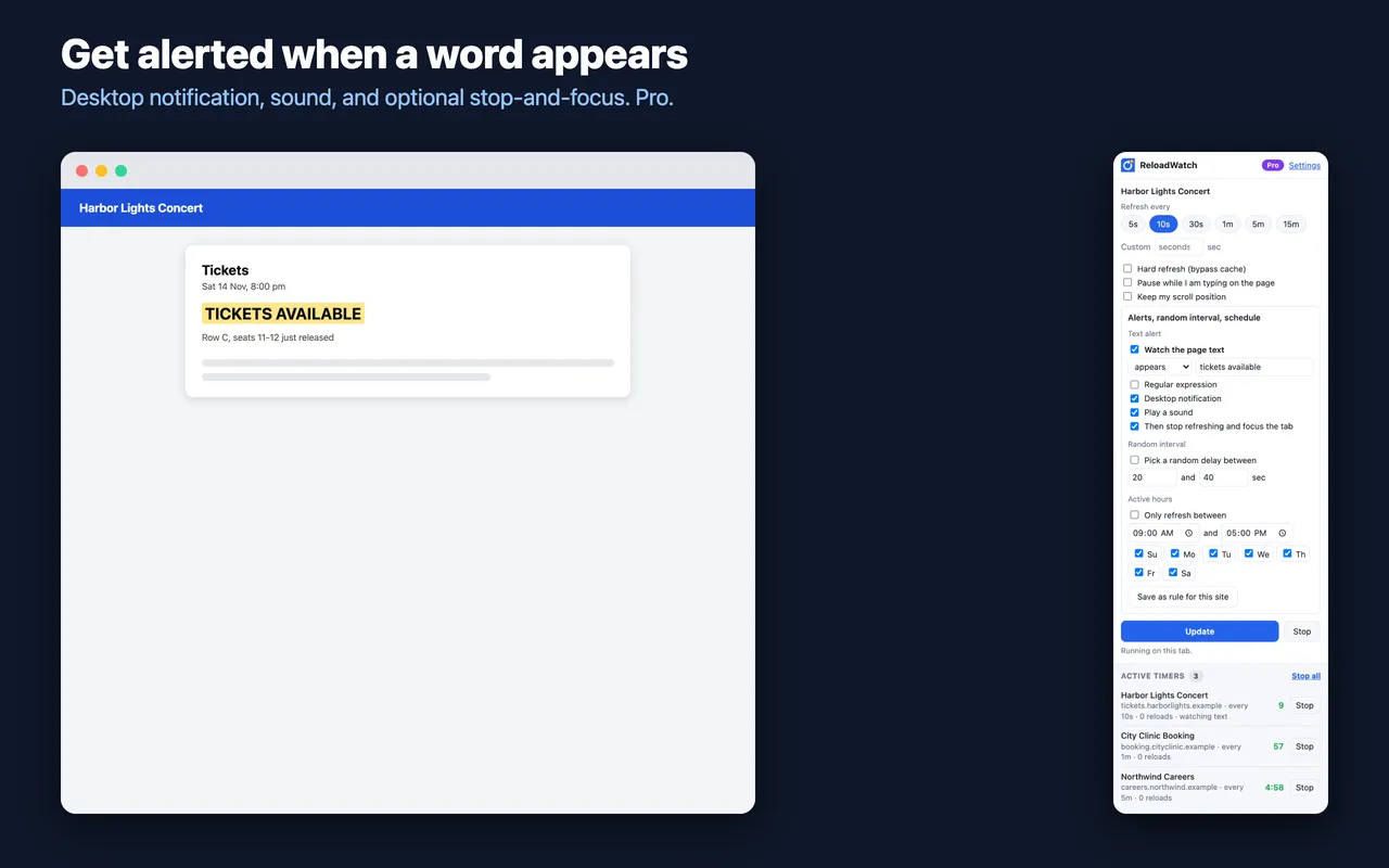 Get alerted when a word appears: desktop notification, sound and optional stop-and-focus