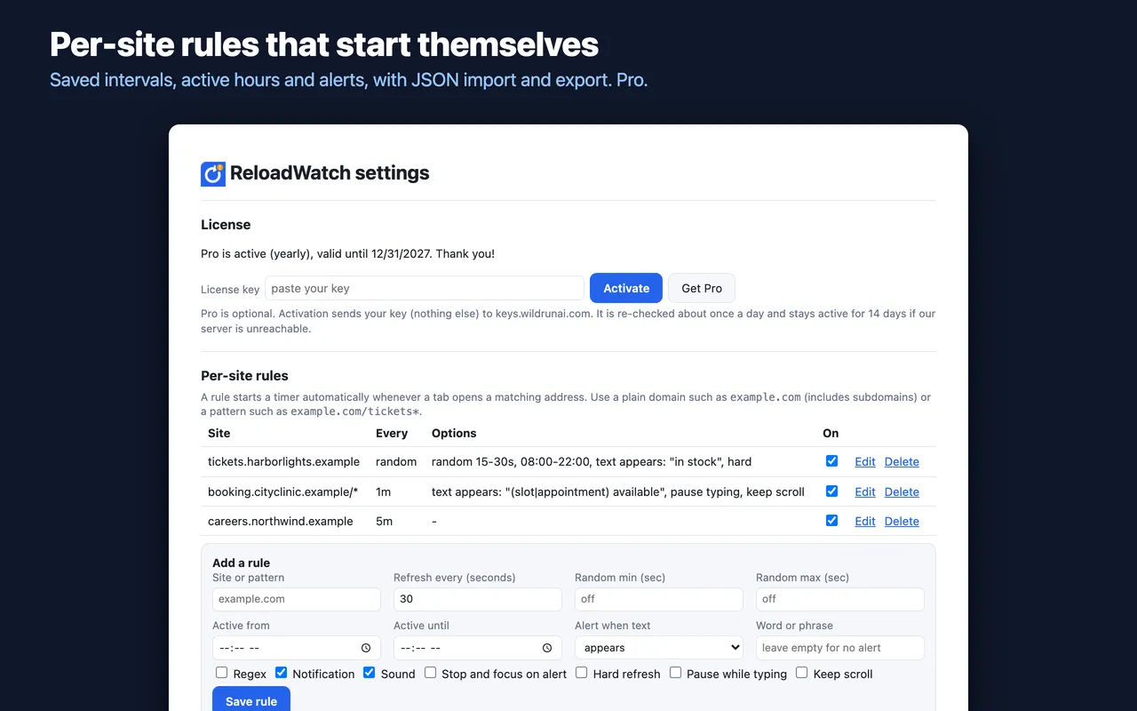 Per-site rules that start themselves, with active hours and JSON import and export